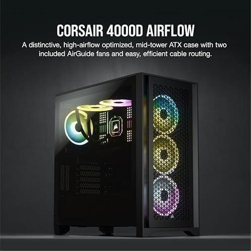 CORSAIR 4000D AIRFLOW Tempered Glass Mid-Tower ATX Case - High-Airflow - Cable Management System - Spacious Interior - Two Included 120 mm Fans - Black