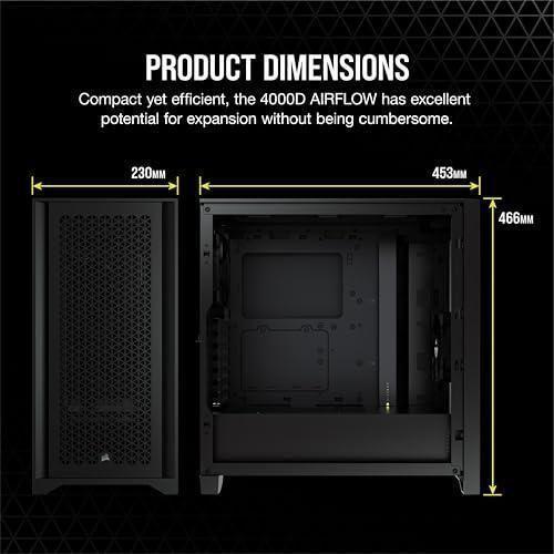 CORSAIR 4000D AIRFLOW Tempered Glass Mid-Tower ATX Case - High-Airflow - Cable Management System - Spacious Interior - Two Included 120 mm Fans - Black