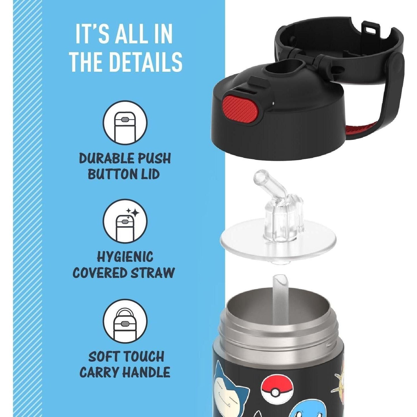 THERMOS FUNTAINER Water Bottle with Straw - 12 Ounce, Pokémon - Kids Stainless Steel Vacuum Insulated Water Bottle with Lid