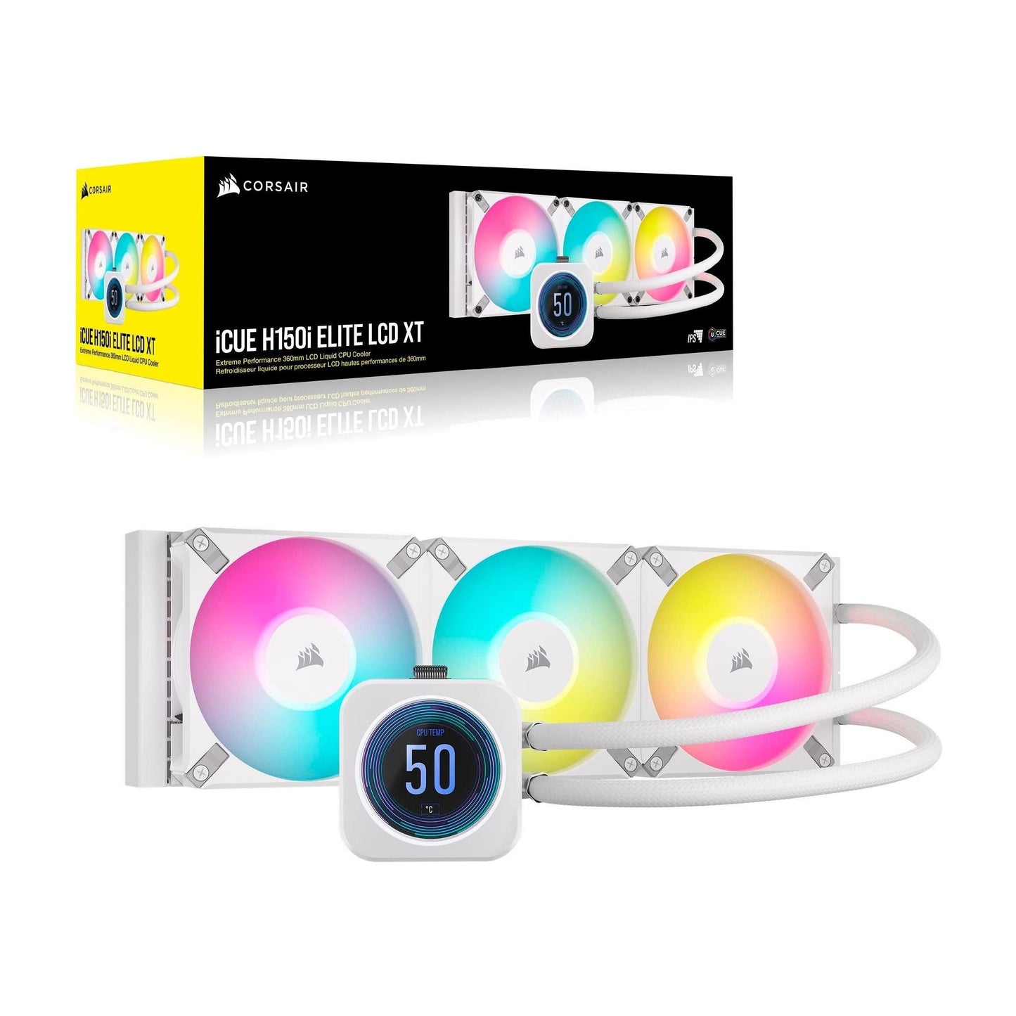 Corsair iCUE H150i Elite LCD XT Liquid CPU Cooler - IPS LCD Screen - Three AF120 RGB Elite Fans-360mm Radiator - Fits Intel® LGA 1700, AMD® AM5, & More - Included iCUE Commander CORE -White, 12 Volts