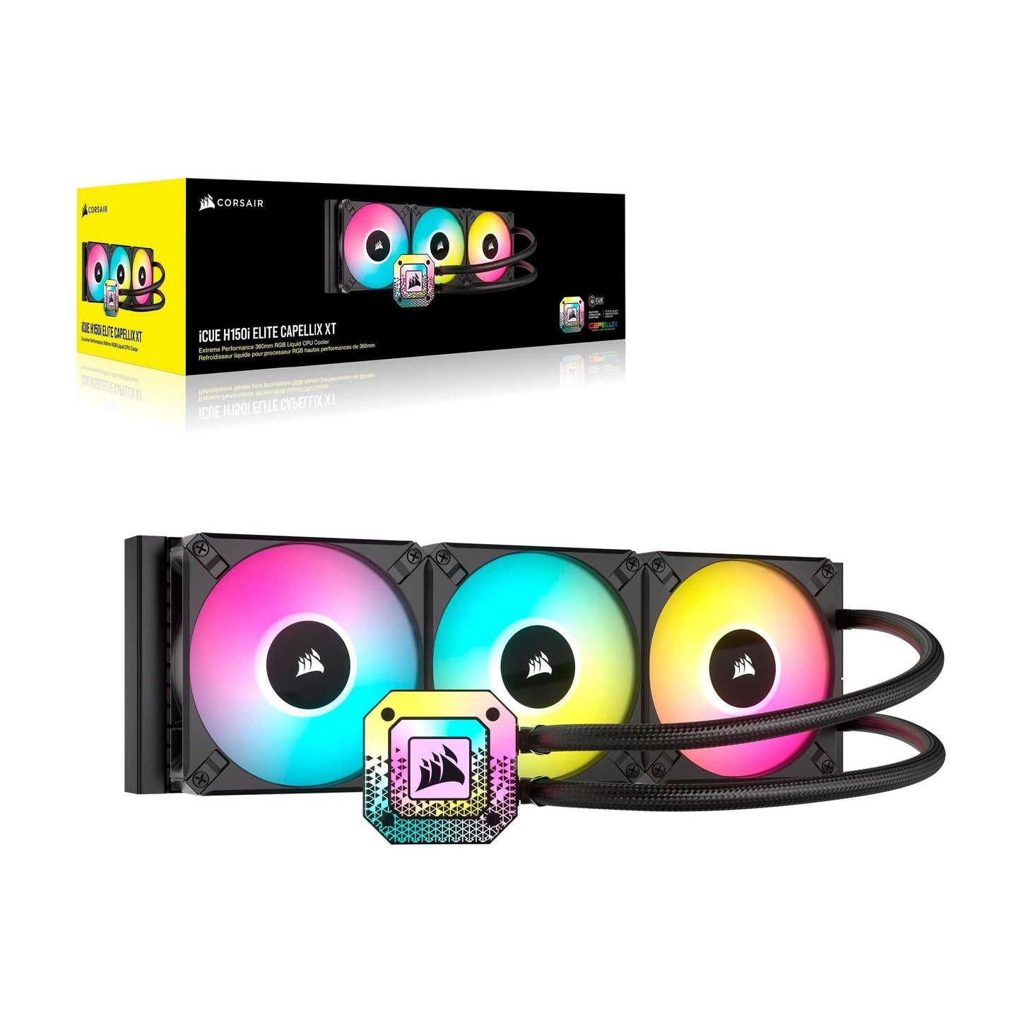Corsair iCUE H150i Elite CAPELLIX XT Desktop Liquid CPU Cooler - Three AF120 RGB Elite Fans - 360mm Radiator - Intel® LGA 1700, 1200, 115X, 2066, AMD® AM5, AM4 - Included iCUE Commander CORE - Black