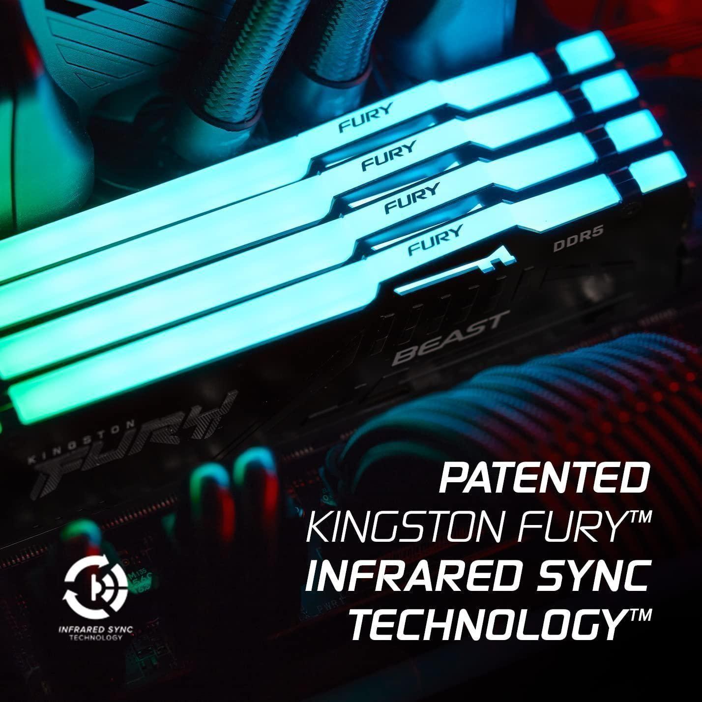 Kingston FURY Beast RGB 64GB 5600MT/s DDR5 CL40 DIMM Desktop Memory (Kit of 2) | Intel XMP 3.0 | Infrared Sync Technology | Overclocking Stability | KF556C40BBAK2-64