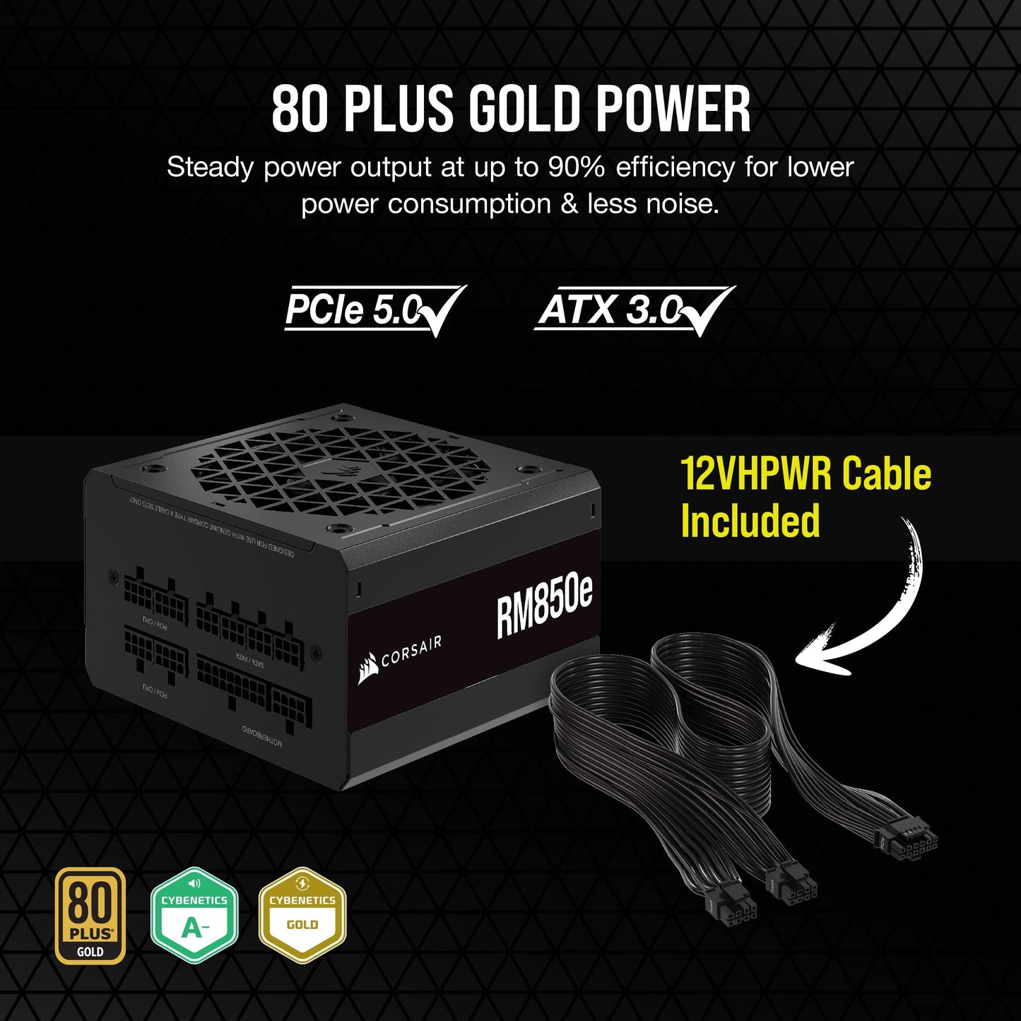 Corsair RM850e (2023) Fully Modular Low-Noise Power Supply - ATX 3.0 & PCIe 5.0 Compliant - 105°C-Rated Capacitors - 80 Plus Gold Efficiency - Modern Standby Support - Black (Renewed)