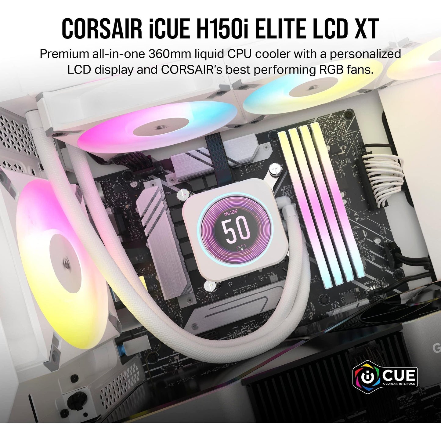 Corsair iCUE H150i Elite LCD XT Liquid CPU Cooler - IPS LCD Screen - Three AF120 RGB Elite Fans-360mm Radiator - Fits Intel® LGA 1700, AMD® AM5, & More - Included iCUE Commander CORE -White, 12 Volts