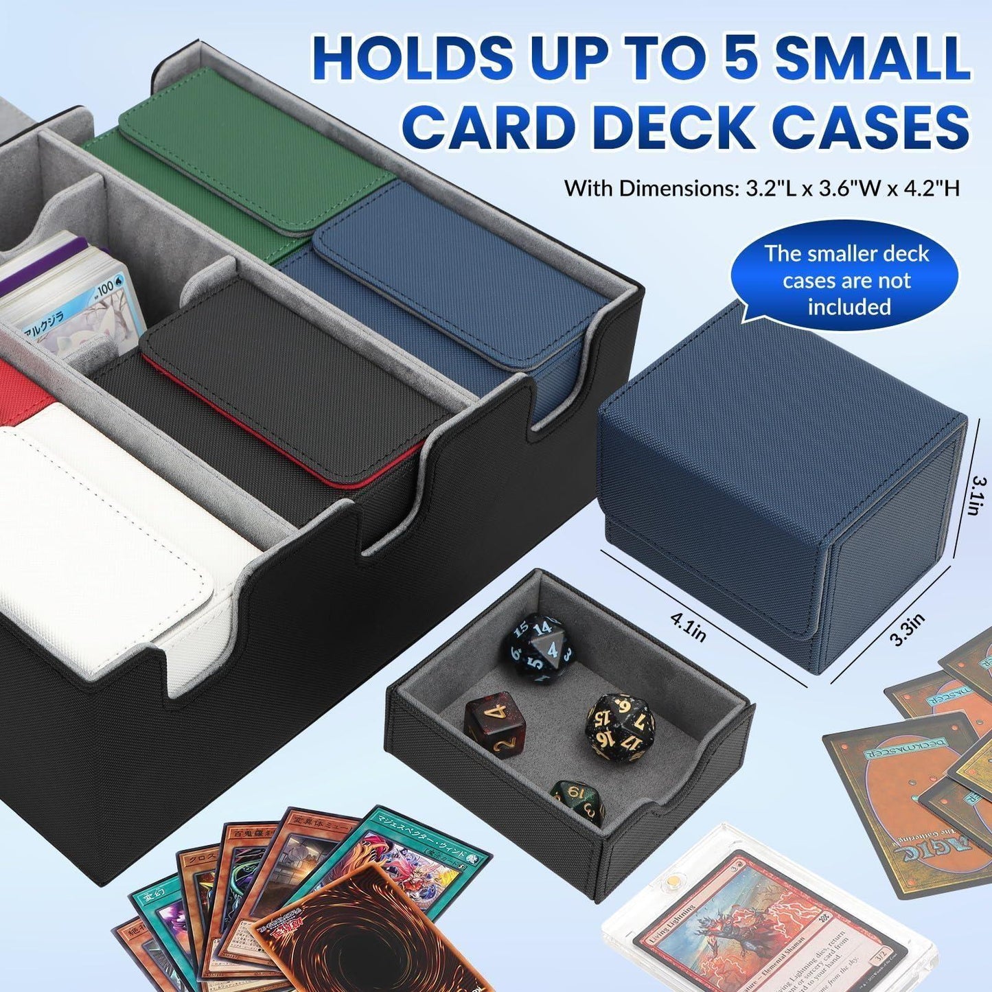 Card Storage Box for Trading Cards, 1900+ PU Leather Magnetic Closure TCG Storage Box, Holds 5 Commander Deck Boxes, Suitable for MTG, YuGiOh, and Sports Cards, with 15 Card Dividers Dice Tray