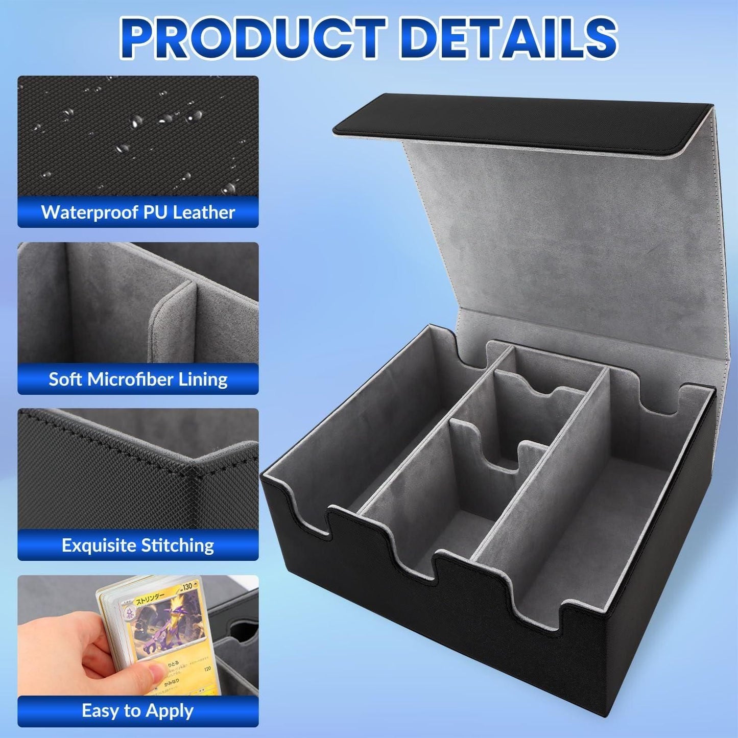 Card Storage Box for Trading Cards, 1900+ PU Leather Magnetic Closure TCG Storage Box, Holds 5 Commander Deck Boxes, Suitable for MTG, YuGiOh, and Sports Cards, with 15 Card Dividers Dice Tray