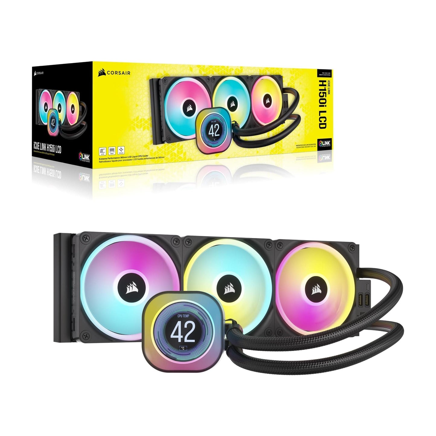 CORSAIR iCUE Link H150i LCD Liquid CPU Cooler - 360mm AIO - QX120 RGB Fans - 2.1” IPS LCD Screen - Fits Intel LGA 1700, AMD AM5 - iCUE Link System Hub Included - Black