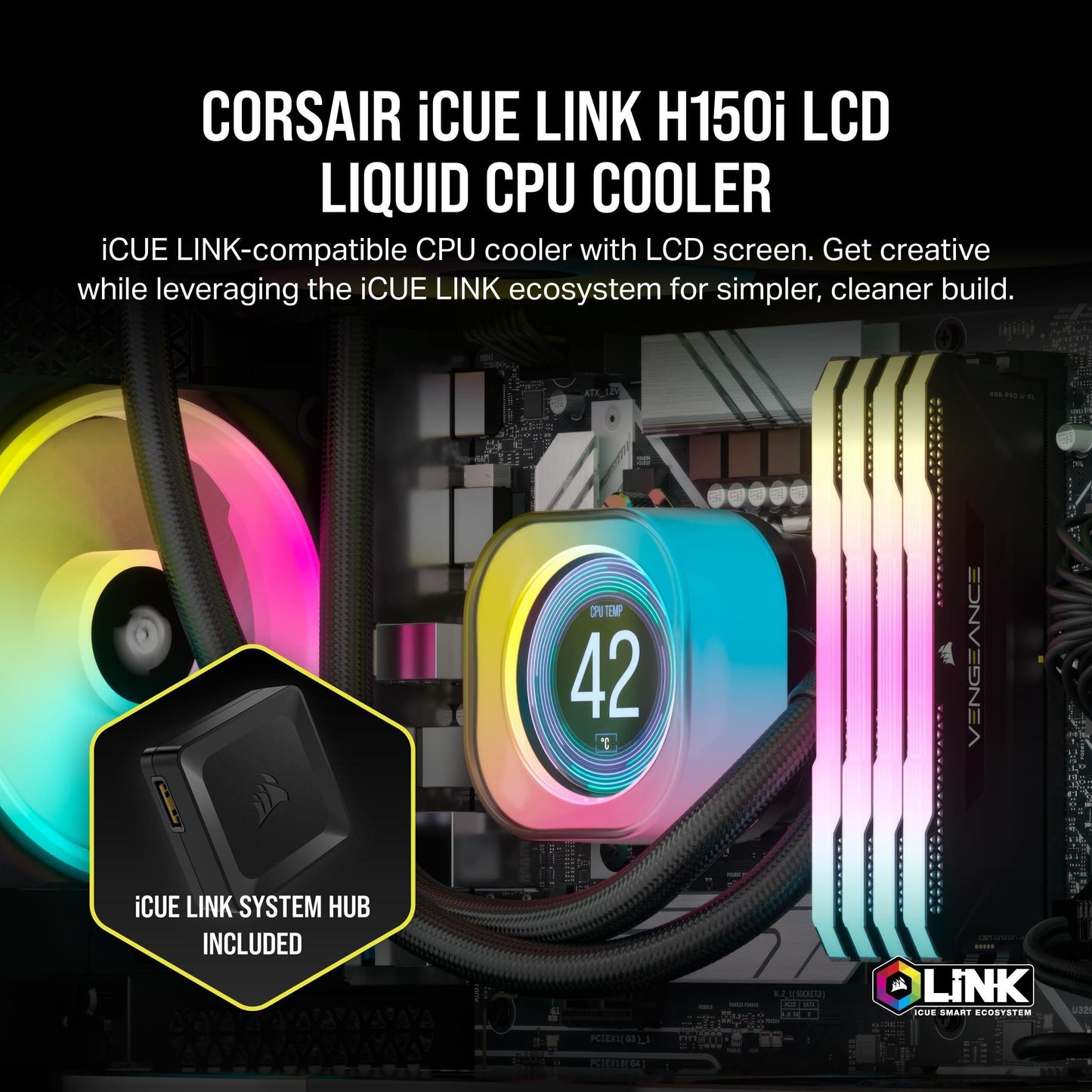 CORSAIR iCUE Link H150i LCD Liquid CPU Cooler - 360mm AIO - QX120 RGB Fans - 2.1” IPS LCD Screen - Fits Intel LGA 1700, AMD AM5 - iCUE Link System Hub Included - Black