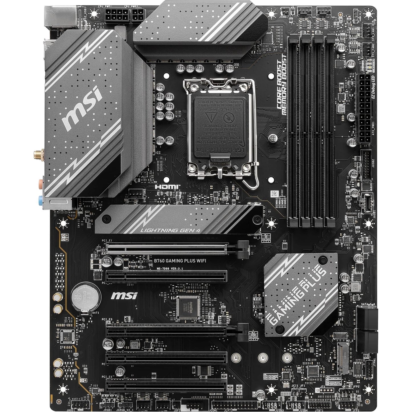 MSI B760 Gaming Plus WiFi Gaming Motherboard (Supports 12th/13th/14th Gen Intel Processors, LGA 1700, DDR5, PCIe 4.0, M.2, 2.5Gbps LAN, USB 3.2 Gen2, HDMI/DP, Wi-Fi 6E, Bluetooth 5.3, ATX)
