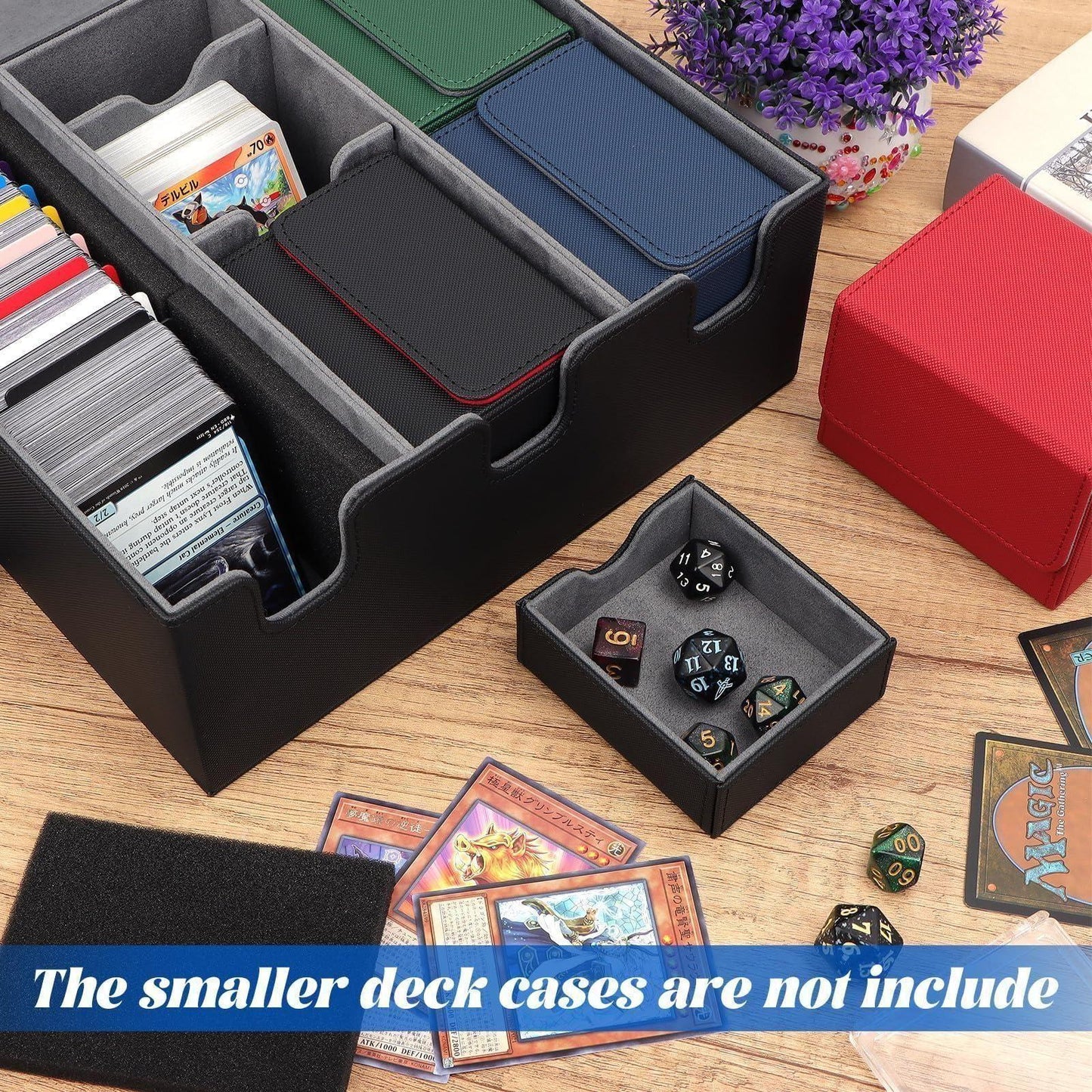 Card Storage Box for Trading Cards, 1900+ PU Leather Magnetic Closure TCG Storage Box, Holds 5 Commander Deck Boxes, Suitable for MTG, YuGiOh, and Sports Cards, with 15 Card Dividers Dice Tray