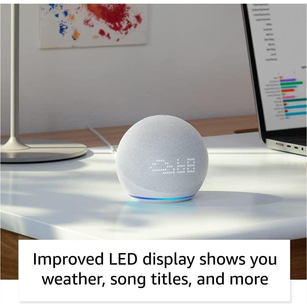 Amazon Echo Dot (5th Gen) with clock | Compact smart speaker with Alexa and enhanced LED display for at-a-glance clock, timers, weather, and more | Cloud Blue