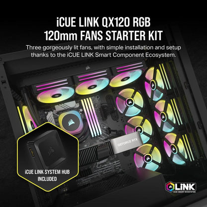 Corsair iCUE LINK QX120 RGB 120mm Magnetic Dome RGB Fans - Triple Fan Starter Kit with iCUE LINK System Hub - Black - Select Tronix