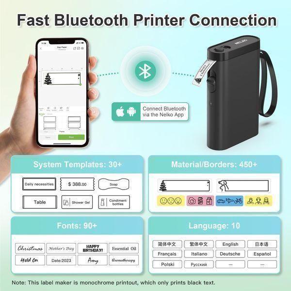 Nelko Label Maker Machine with Tape, P21 Portable Bluetooth Label Printer, Wireless Built-in Cutter Sticker Maker Mini Label Makers with Multiple Templates for Organizing Storage Office Home, Black - Select Tronix