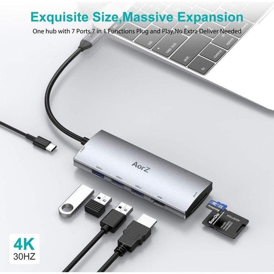 USB C Hub, USB Hub to HDMI Multiport AorZ USB C Dongle Adapter 7 in 1 with 4K HDMI Output,3 USB 3.0 Ports,SD/Micro SD Card Reader,100W PD,Compatible with MacBook Pro Air HP XPS and More Type C Devices - Select Tronix