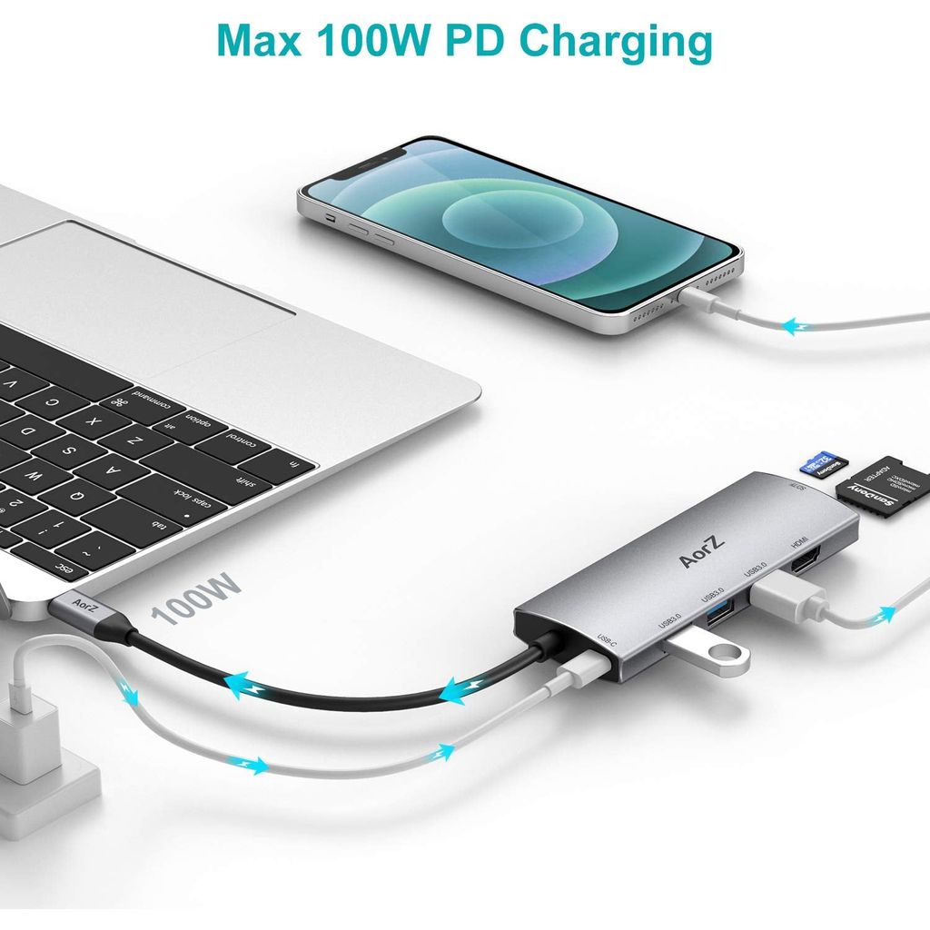 USB C Hub, USB Hub to HDMI Multiport AorZ USB C Dongle Adapter 7 in 1 with 4K HDMI Output,3 USB 3.0 Ports,SD/Micro SD Card Reader,100W PD,Compatible with MacBook Pro Air HP XPS and More Type C Devices - Select Tronix