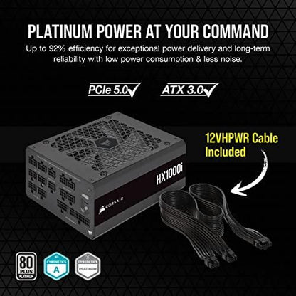 Corsair HX1000i Fully Modular Ultra-Low Noise ATX Power Supply - ATX 3.0 & PCIe 5.0 Compliant - Fluid Dynamic Bearing Fan - CORSAIR iCUE Software Compatible - 80 Plus Platinum Efficiency - Black