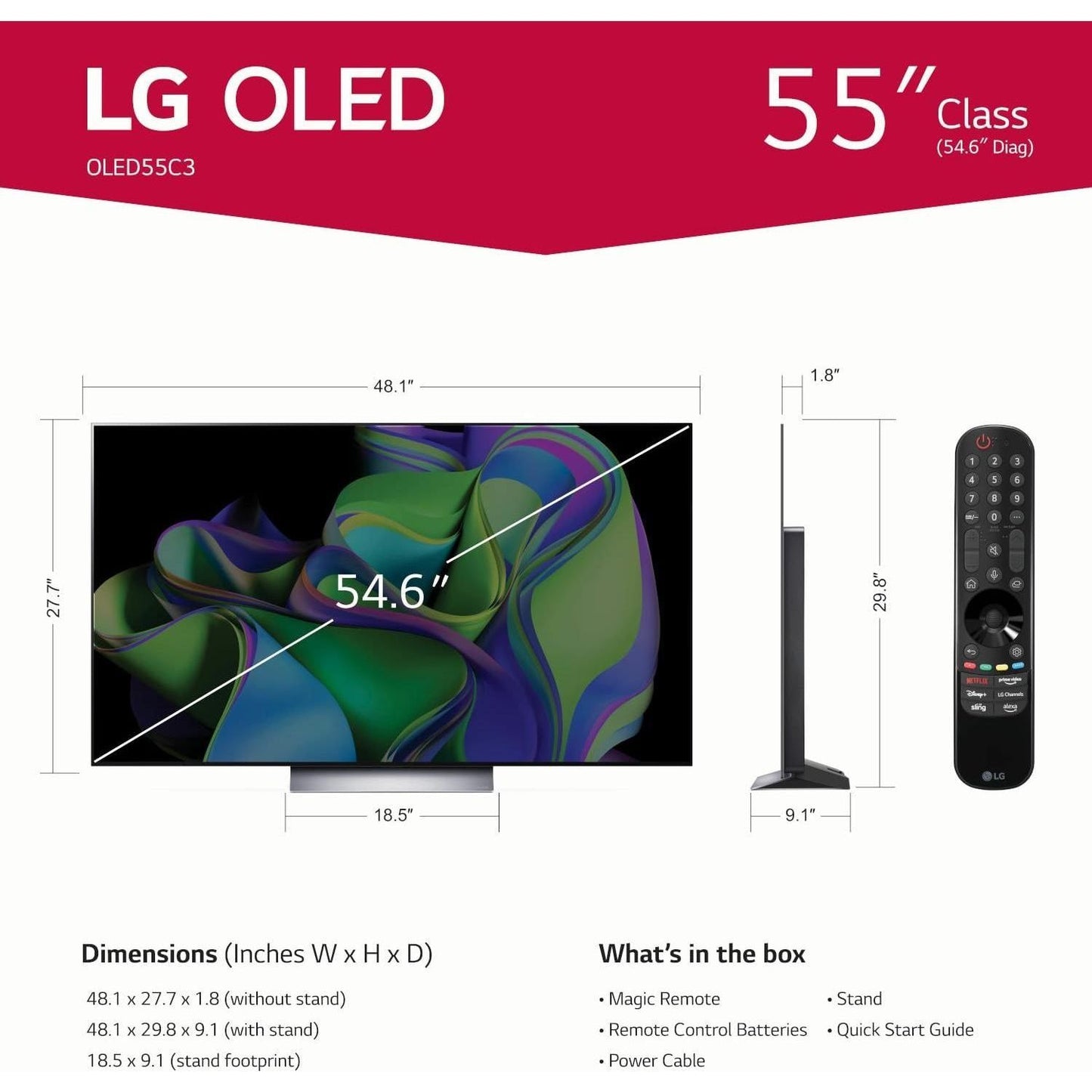 LG C3 Series 55-Inch Class OLED evo 4K Processor Smart Flat Screen TV for Gaming with Magic Remote AI-Powered OLED55C3PUA, 120Hz Refresh rate, 2023 with Alexa Built-in