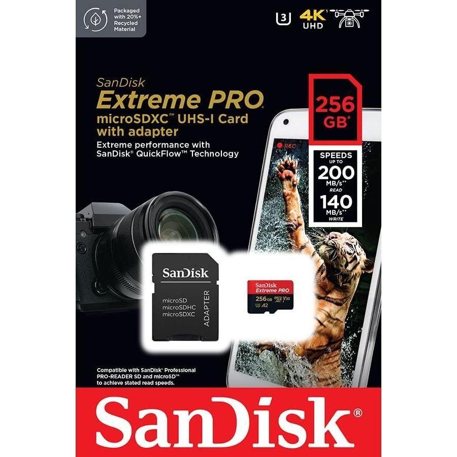 SanDisk 256GB Extreme PRO® microSD™ UHS-I Card with Adapter C10, U3, V30, A2, 200MB/s Read 140MB/s Write SDSQXCD-256G-GN6MA