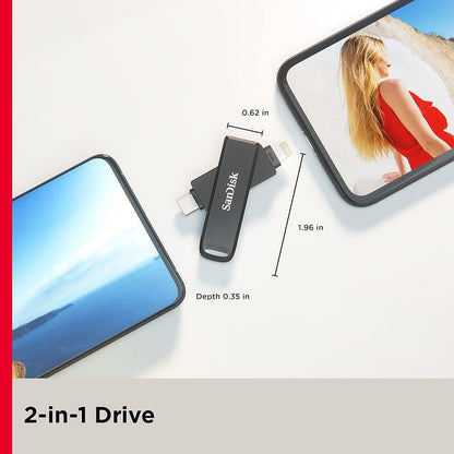 SanDisk 256GB iXpand Flash Drive Luxe - The 2-in-1 USB for iPhone, iPad, and Computer - Thumb Drive with Lightning and USB Type-C Connectors – SDIX70N-256G-GN6NE