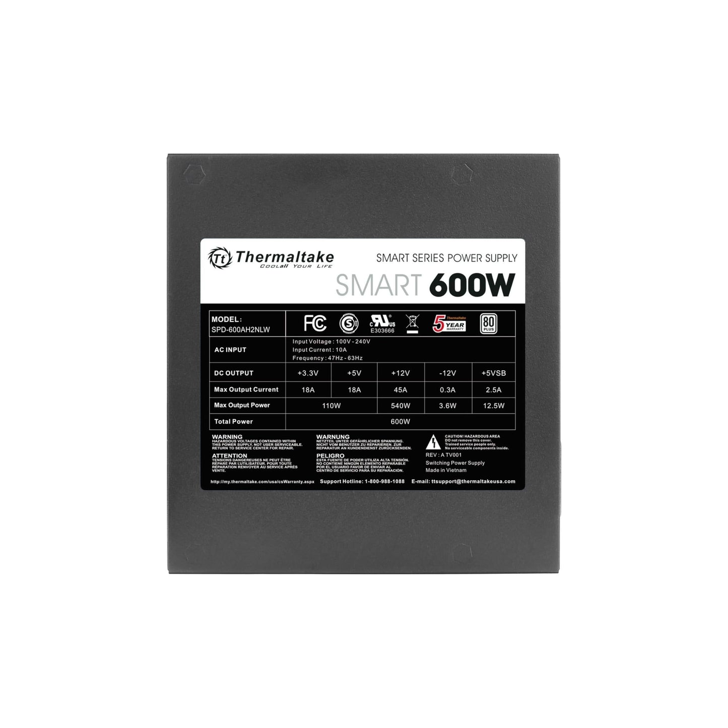 Thermaltake SMART 600W ATX 12V V2.3/EPS 12V 80 Plus Certified Active PFC Power Supply PS-SPD-0600NPCWUS-W