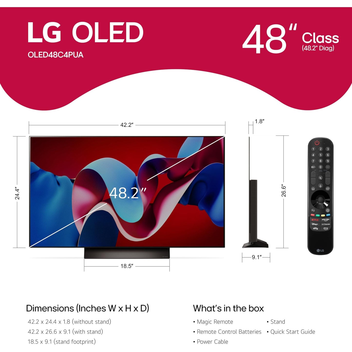 LG 48-Inch Class OLED evo C4 Series Smart TV 4K Processor Flat Screen with Magic Remote AI-Powered with Alexa Built-in (OLED48C4PUA, 2024)