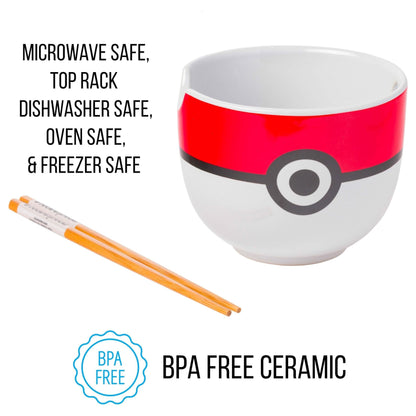 Silver Buffalo Pokemon Pokeball Ceramic Ramen Noodle Bowl with Chopsticks, Microwave Safe, 20 Ounces