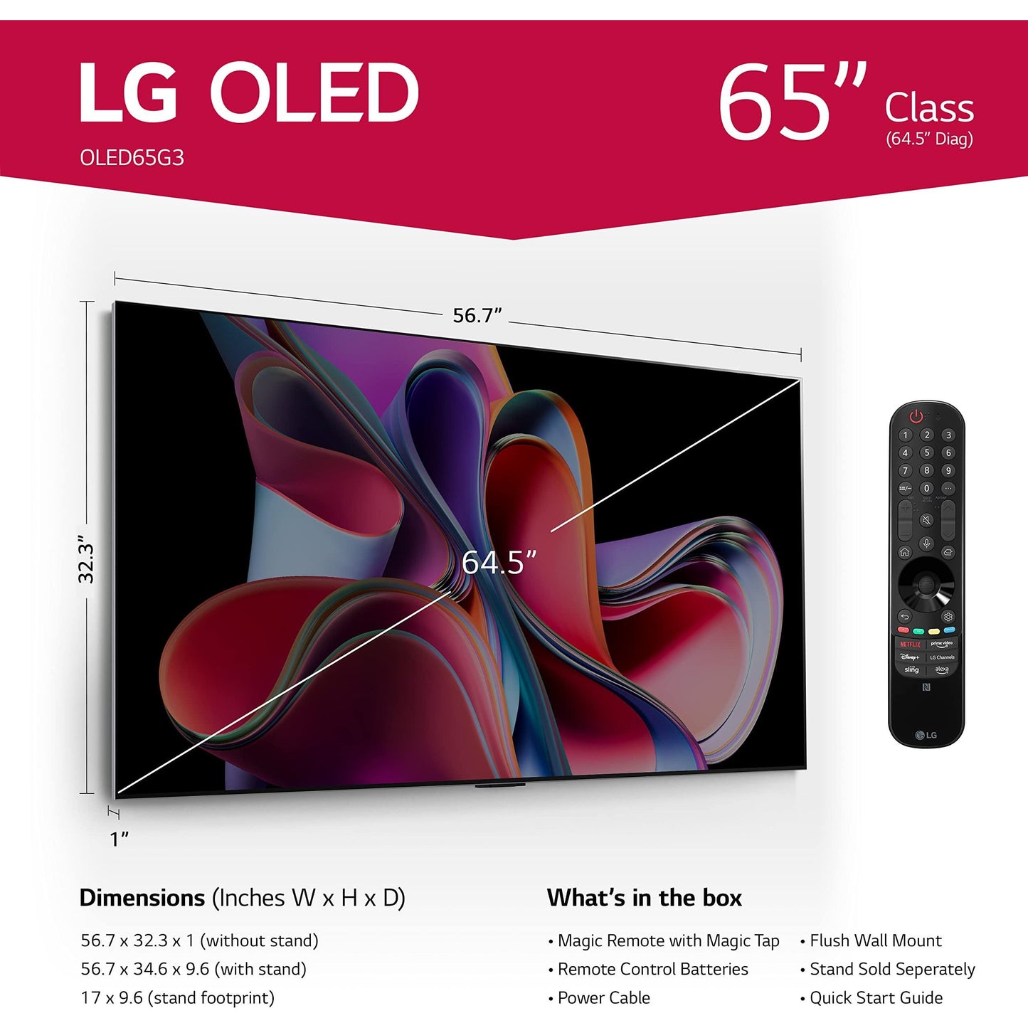 LG G3 Series 65-Inch Class OLED evo 4K Processor Smart Flat Screen TV for Gaming with Magic Remote AI-Powered Gallery Edition OLED65G3PUA, 2023 with Alexa Built-in