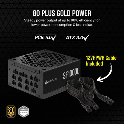 Corsair 1000W Fully Modular SFX Power Supply - ATX 3.0, PCIe 5.0, Quiet 120mm Fan, 80 Plus Gold, Zero RPM Mode, 105°C Capacitors - Black (Renewed)