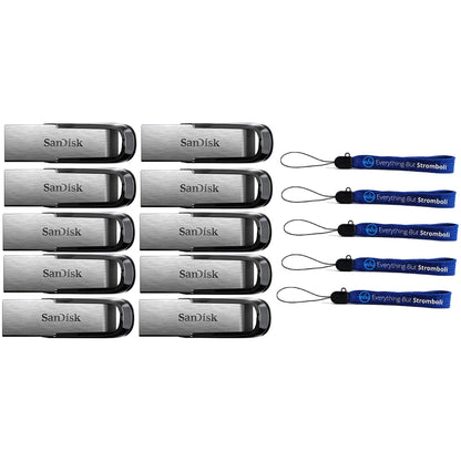 SanDisk Ultra Flair USB (10 Pack) 3.0 Flash Drive High Performance Jump Drive/Thumb Drive/Pen Drive up to 130MB/s - Bundle with (5) Everything But Stromboli Lanyard (16GB)