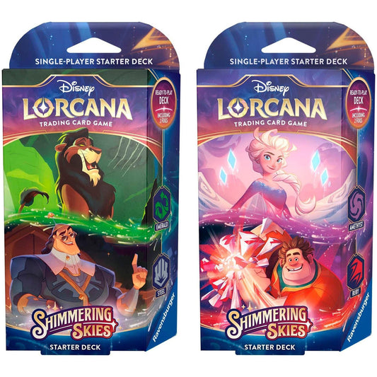 Lorcana TCG: Shimmering Skies: Starter Decks: Both Emerald & Steel (Scar & Cronk) and Amethyst & Ruby (for Elsa & Wreck-It Ralph) (2 Decks)