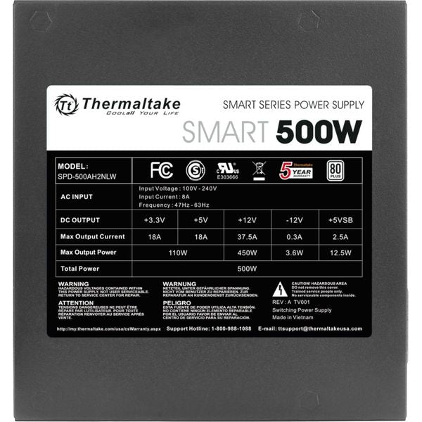 Thermaltake Smart 500W 80+ White Certified PSU, Continuous Power with 120mm Ultra Quiet Cooling Fan, ATX 12V V2.3/EPS 12V Active PFC Power Supply PS-SPD-0500NPCWUS-W - Select Tronix